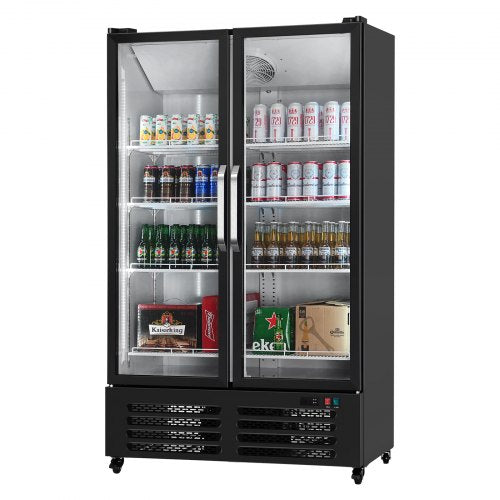 Commercial Merchandiser Refrigerator, 26.69 CU.FT Double Glass Door Display Refrigerator, Beverage Refrigerator Cooler Merchandiser with 8 Adjustable Shelves, Casters, Soft LED Light, Black
