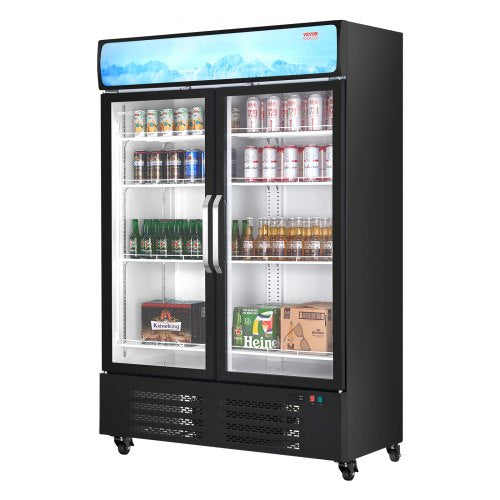 Commercial Merchandiser Refrigerator, 36.27 CU.FT Upright Beverage Cooler, 2 Glass Door Display Refrigerator with 8 Adjustable Shelves, Soft LED Light, Customizable Lightbox, Casters, Black