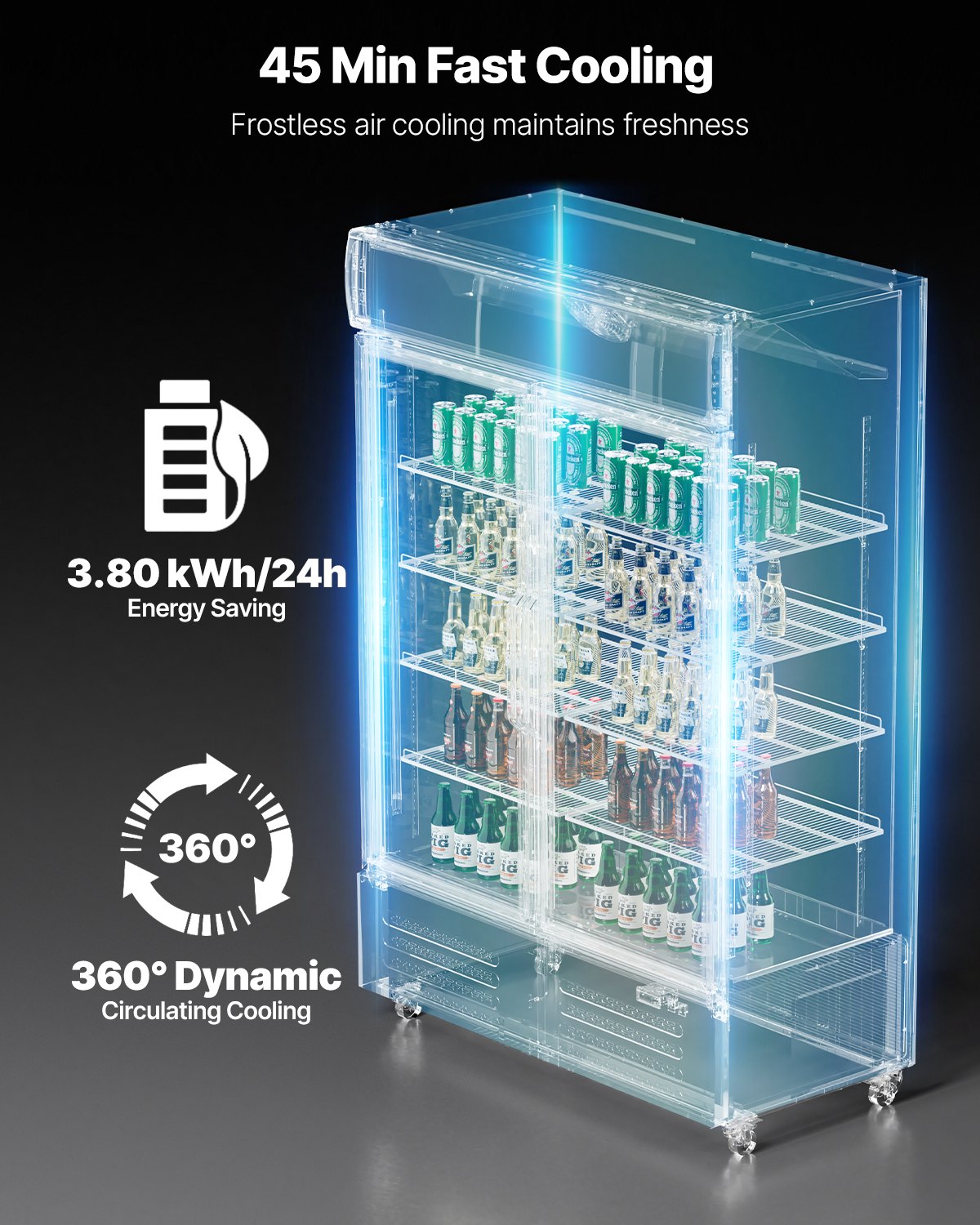 Commercial Merchandiser Refrigerator, 36.27 CU.FT Upright Beverage Cooler, 2 Glass Door Display Refrigerator with 8 Adjustable Shelves, Soft LED Light, Customizable Lightbox, Casters, Black