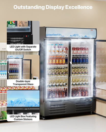 Commercial Merchandiser Refrigerator, 36.27 CU.FT Upright Beverage Cooler, 2 Glass Door Display Refrigerator with 8 Adjustable Shelves, Soft LED Light, Customizable Lightbox, Casters, Black