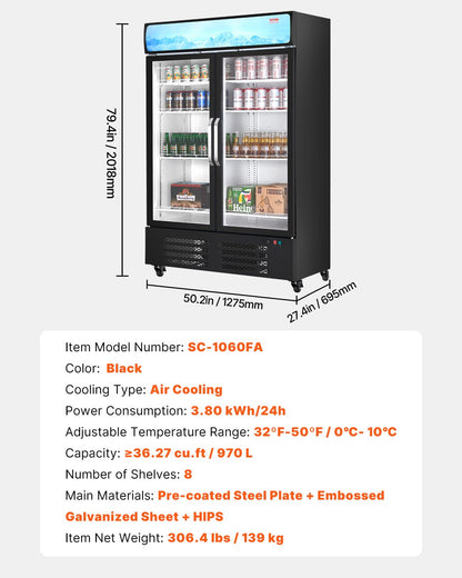 Commercial Merchandiser Refrigerator, 36.27 CU.FT Upright Beverage Cooler, 2 Glass Door Display Refrigerator with 8 Adjustable Shelves, Soft LED Light, Customizable Lightbox, Casters, Black