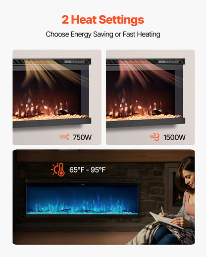 50 inch Electric Fireplace, Three-Sided Glass Wall Mounted Recessed Fire Place with Remote Control, Timer, 1500W, Adjustable Flame Color Brightness,Overheat Protection, for Living Room,Bedroom