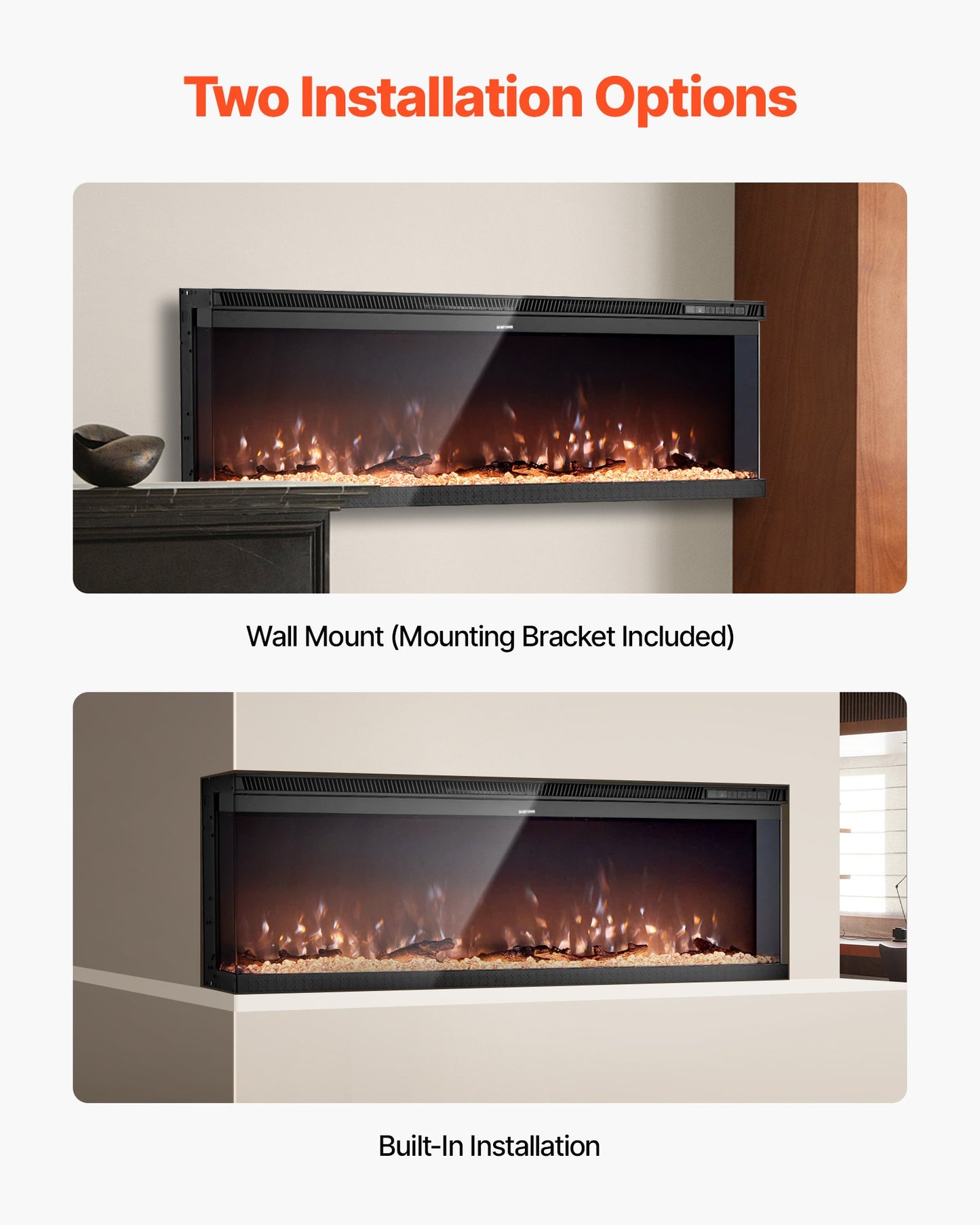 50 inch Electric Fireplace, Three-Sided Glass Wall Mounted Recessed Fire Place with Remote Control, Timer, 1500W, Adjustable Flame Color Brightness,Overheat Protection, for Living Room,Bedroom