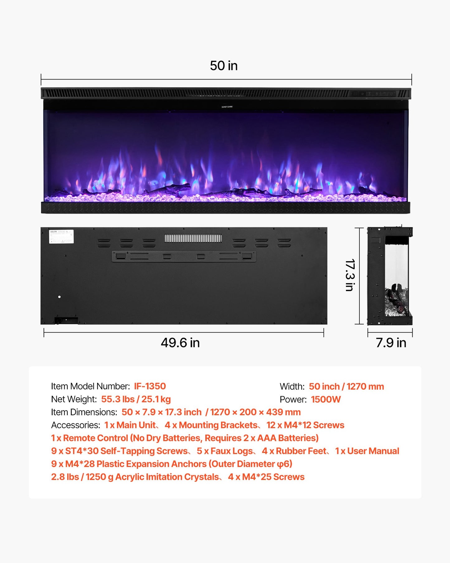 50 inch Electric Fireplace, Three-Sided Glass Wall Mounted Recessed Fire Place with Remote Control, Timer, 1500W, Adjustable Flame Color Brightness,Overheat Protection, for Living Room,Bedroom