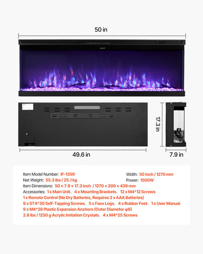 50 inch Electric Fireplace, Three-Sided Glass Wall Mounted Recessed Fire Place with Remote Control, Timer, 1500W, Adjustable Flame Color Brightness,Overheat Protection, for Living Room,Bedroom