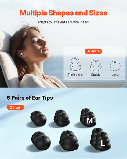 Ear Plugs for Sleeping Noise Cancelling, NRR 25 dB Reusable High Noise Reduction Earplugs, Flexible Silicone Soft Earplug with 12 Ear Tips in M / L, for Sleeping, Working, Studying & Traveling