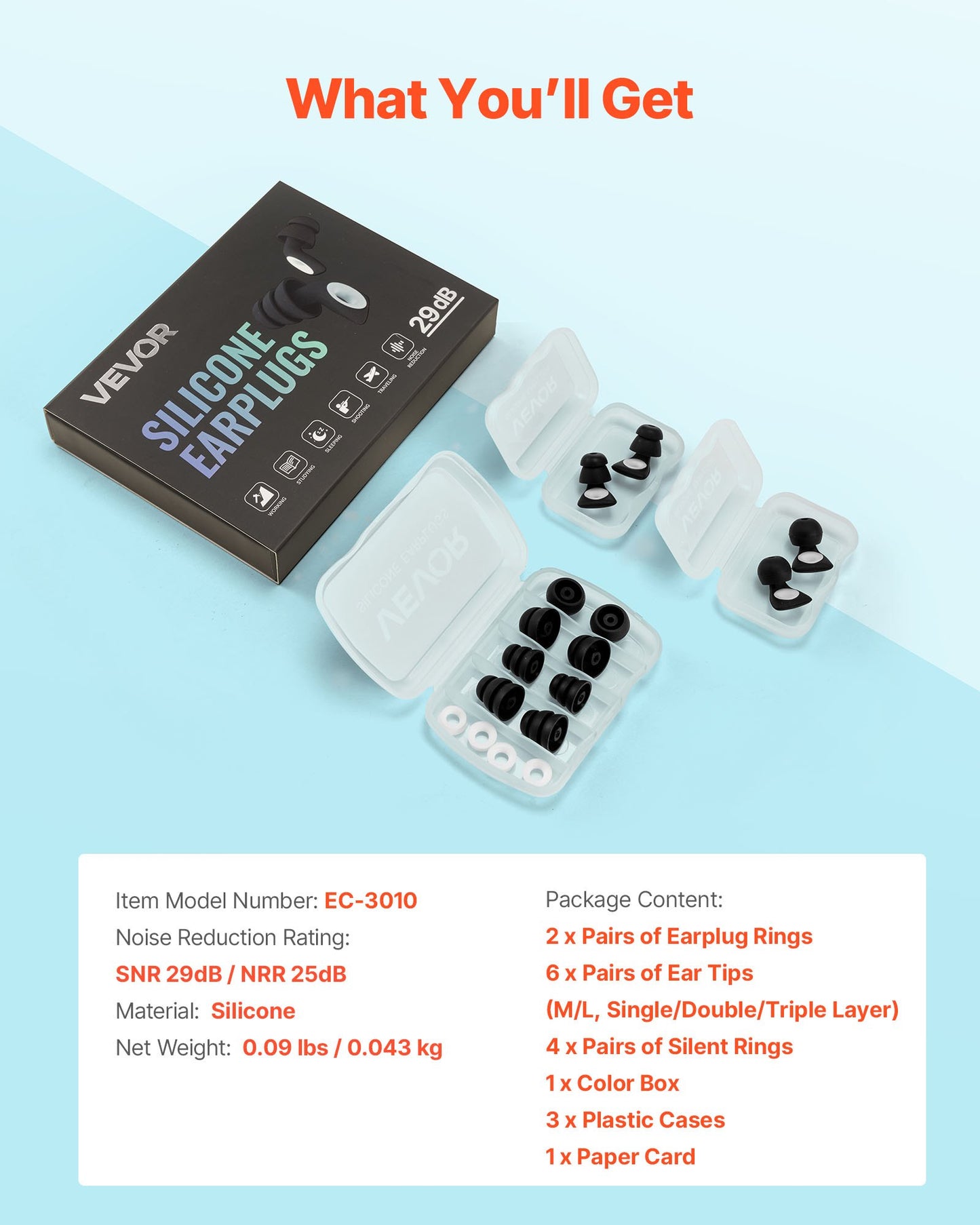 Ear Plugs for Sleeping Noise Cancelling, NRR 25 dB Reusable High Noise Reduction Earplugs, Flexible Silicone Soft Earplug with 12 Ear Tips in M / L, for Sleeping, Working, Studying & Traveling