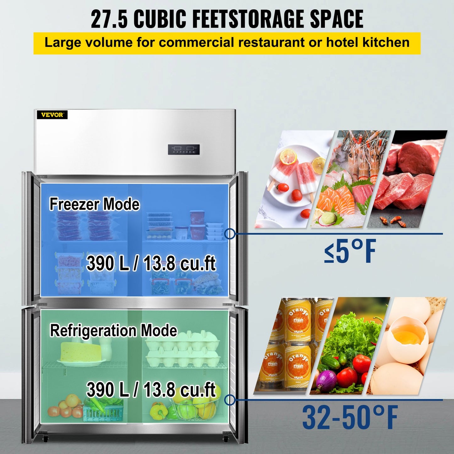 Kommerzieller Kühlschrank, Getränkekühler mit 4 Türen, 27,5 Kubikfuß Side-by-Side-Gefrierschrank, Edelstahl-Verkaufskühlschrank, Kommerzieller Lebensmittelkühlschrank für Snacks und Getränke, Silber