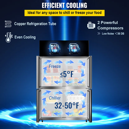 Kommerzieller Kühlschrank, Getränkekühler mit 4 Türen, 27,5 Kubikfuß Side-by-Side-Gefrierschrank, Edelstahl-Verkaufskühlschrank, Kommerzieller Lebensmittelkühlschrank für Snacks und Getränke, Silber