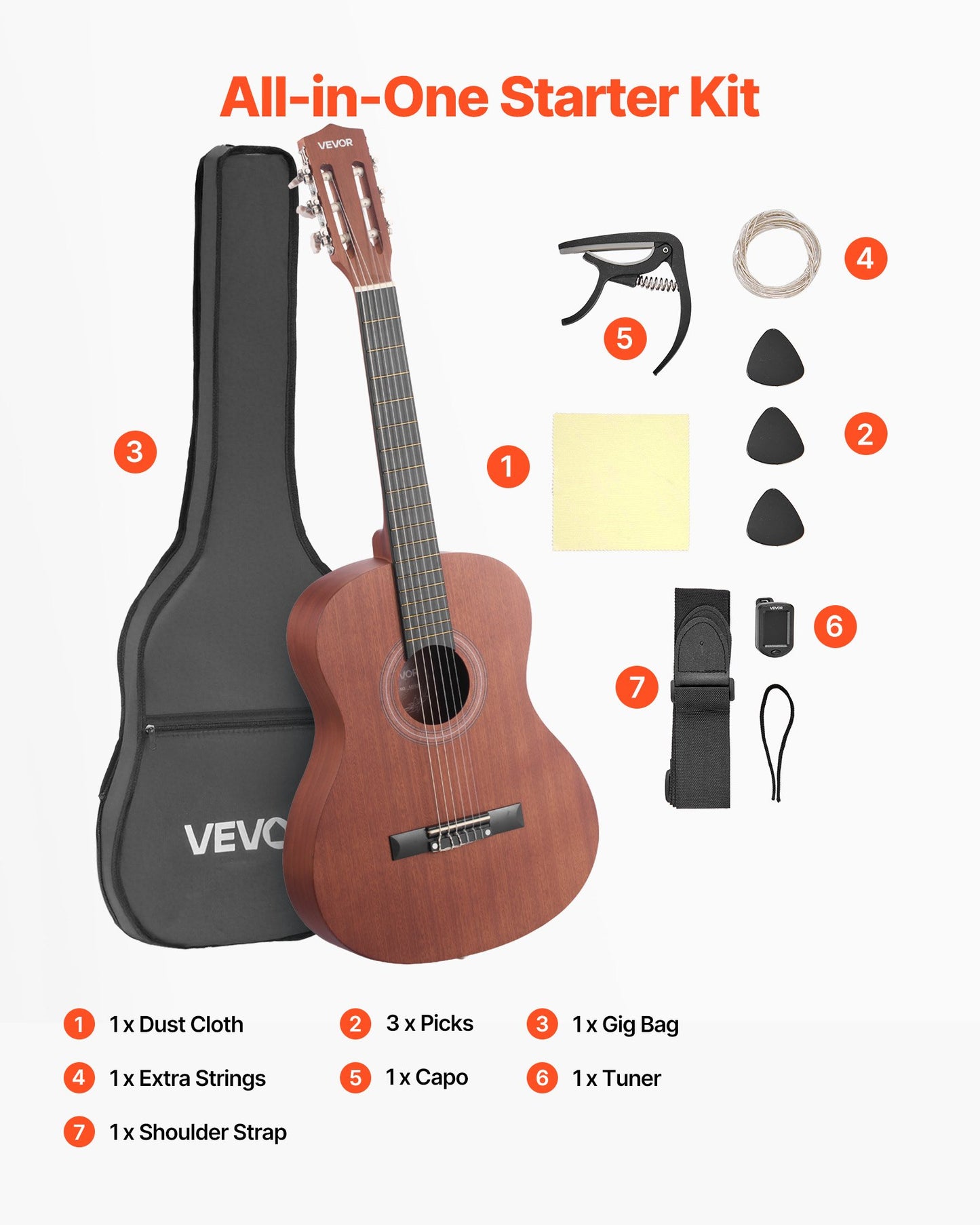 Classical Guitar, 36 Inch, Wood Classical Guitar Starter Kit for Beginners, with Nylon Strings, Gig Bag, Strap, Tuner, Extra Strings, Picks, Capo, Sapele & Rosewood, for Kids Girls Boys, Natural