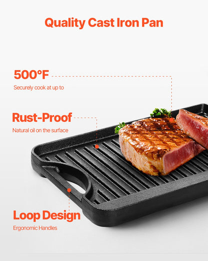 Reversible Grill/Griddle, 14x8.5 inch Pre-Seasoned Cast Iron Griddle, Portable Rectangular Pan with Handle, Family Cookware for Indoor/Outdoor Stove Top Burner, Gas, Camping BBQ, Black