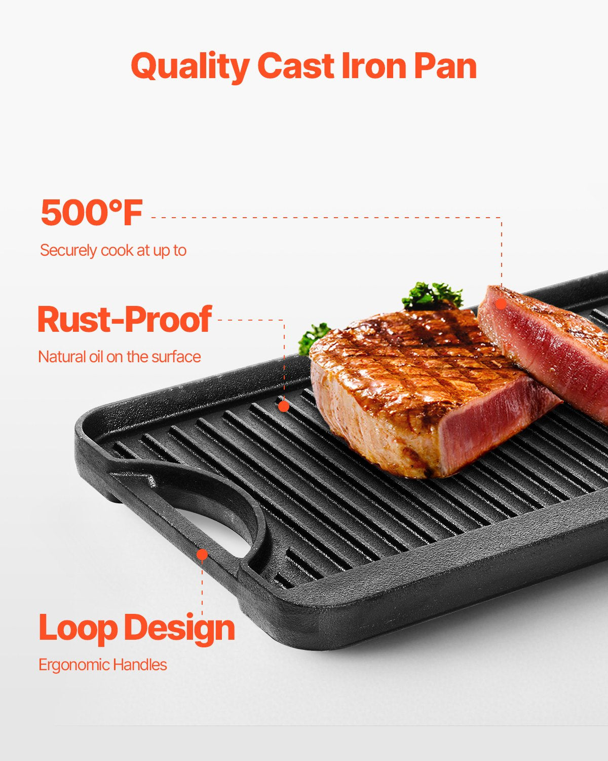 Reversible Grill/Griddle, 20x10 inch Pre-Seasoned Cast Iron Griddle, Portable Rectangular Pan with Handle, Family Cookware for Indoor/Outdoor Stove Top Burner, Gas, Camping BBQ, Black