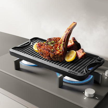 Reversible Grill/Griddle, 20x10 inch Pre-Seasoned Cast Iron Griddle, Portable Rectangular Pan with Handle, Family Cookware for Indoor/Outdoor Stove Top Burner, Gas, Camping BBQ, Black