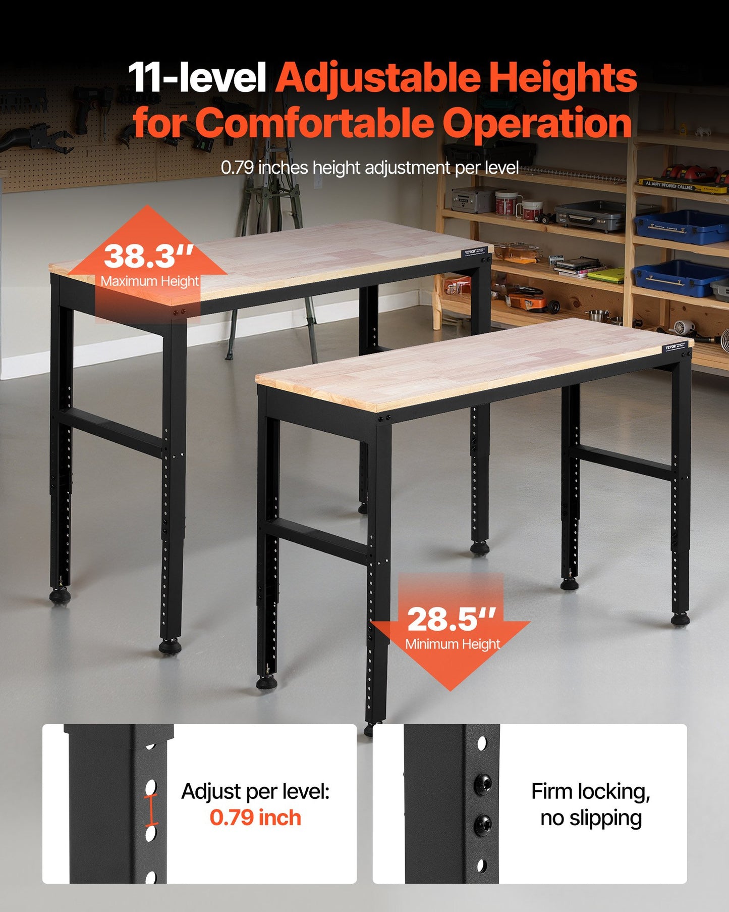 Adjustable Workbench, 2000 lbs Capacity, 48 x 20-inch Heavy Duty Work Bench with 28.5-38.3 Inches Height Adjustment, Garage Workbench with Power Outlets, Suitable for Office, Garage, Workshop