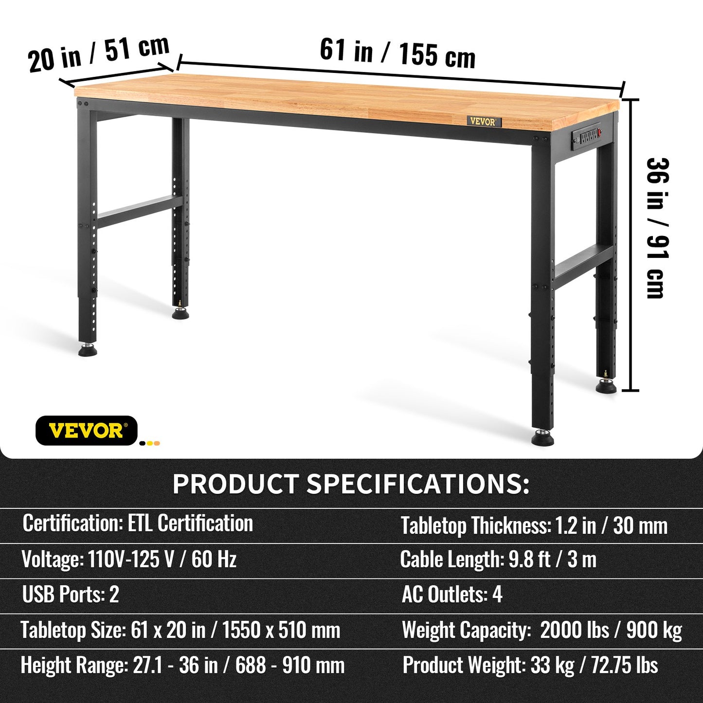 Adjustable Height Workbench 61"L x 20"W Workbench Table with Power Outlet