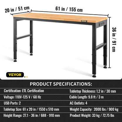 Adjustable Height Workbench 61"L x 20"W Workbench Table with Power Outlet