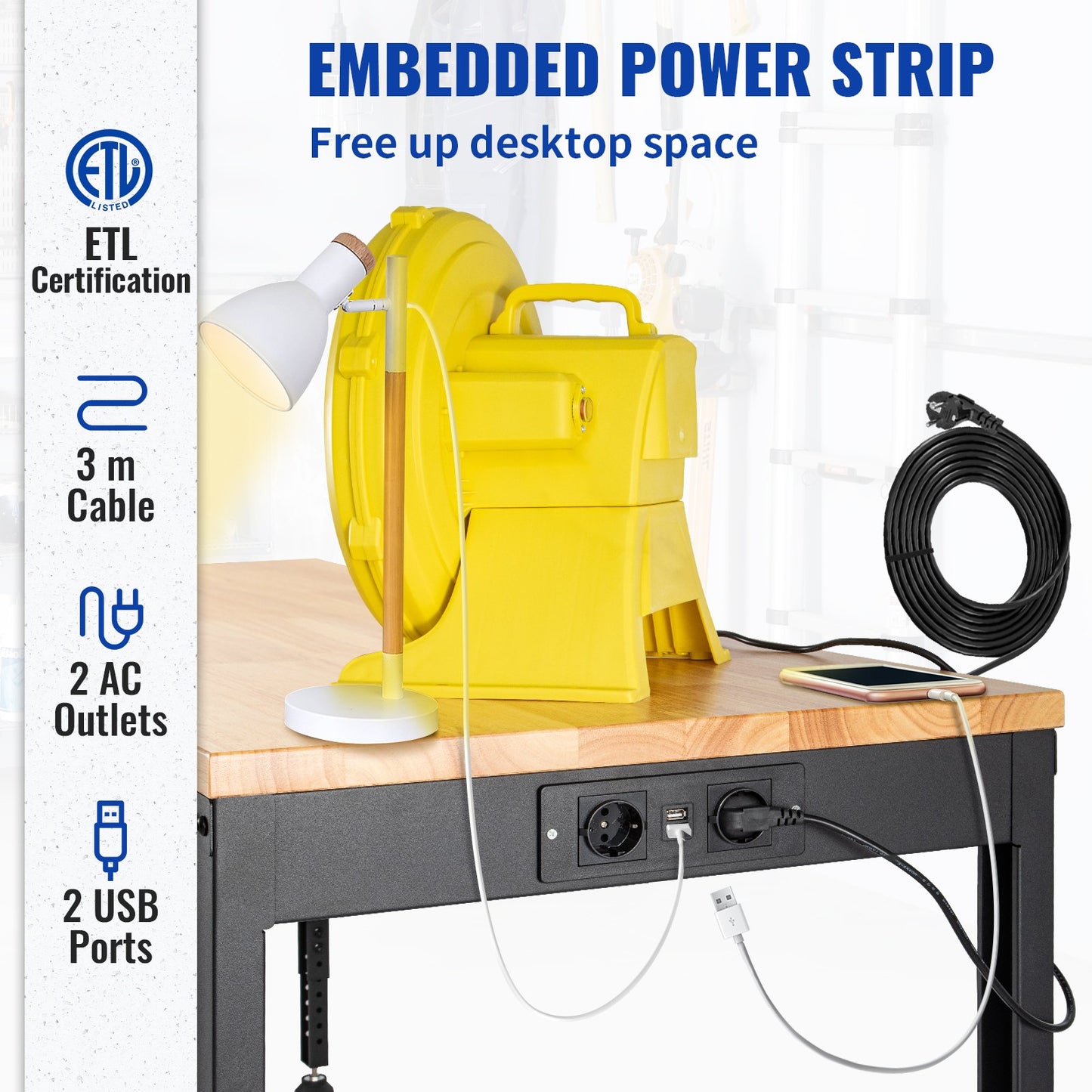 Workbench Adjustable height, 122 cm W x 61 cm D x 97 cm H Garage table with 72 – 97 cm heights &amp; 900 kg load capacity, with electrical outlet &amp; hardwood top &amp; metal frame &amp; foot cushions, for office home