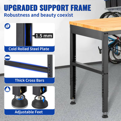 Workbench Adjustable height, 122 cm W x 61 cm D x 97 cm H Garage table with 72 – 97 cm heights &amp; 900 kg load capacity, with electrical outlet &amp; hardwood top &amp; metal frame &amp; foot cushions, for office home