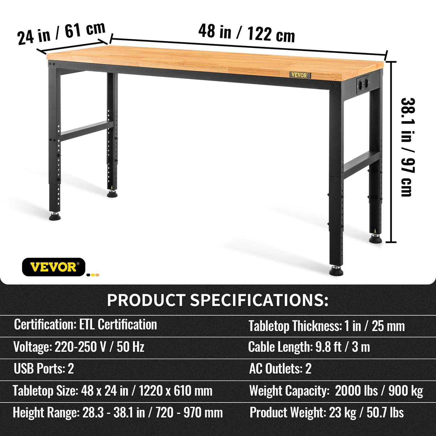 Workbench Adjustable height, 122 cm W x 61 cm D x 97 cm H Garage table with 72 – 97 cm heights &amp; 900 kg load capacity, with electrical outlet &amp; hardwood top &amp; metal frame &amp; foot cushions, for office home