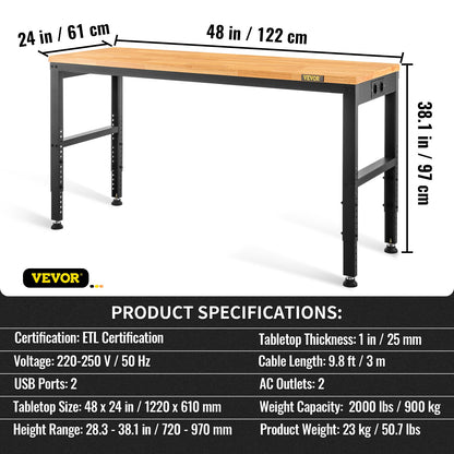 Workbench Adjustable height, 122 cm W x 61 cm D x 97 cm H Garage table with 72 – 97 cm heights &amp; 900 kg load capacity, with electrical outlet &amp; hardwood top &amp; metal frame &amp; foot cushions, for office home