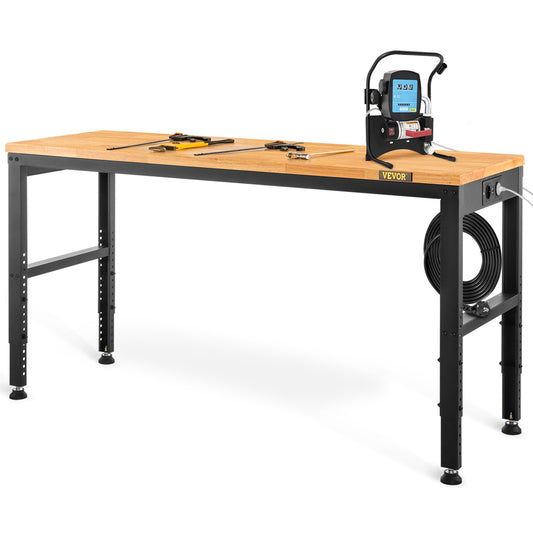 Workbench Adjustable height, 122 cm W x 61 cm D x 97 cm H Garage table with 72 – 97 cm heights &amp; 900 kg load capacity, with electrical outlet &amp; hardwood top &amp; metal frame &amp; foot cushions, for office home