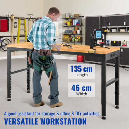 Workbench Adjustable height, 135 cm W x 46 cm D x 97 cm H Garage table with 72 – 97 cm heights &amp; 900 kg load capacity, with electrical outlet &amp; hardwood top &amp; metal frame &amp; foot cushions, for office home
