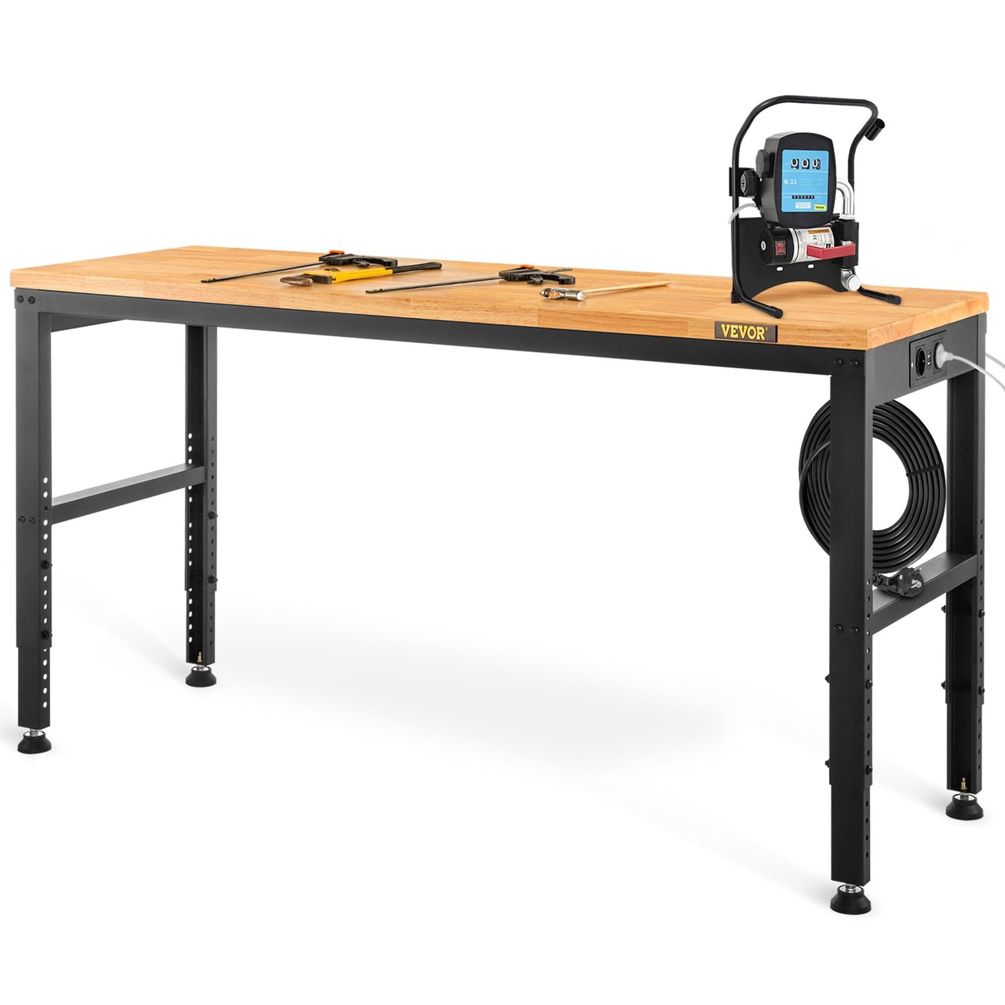 Workbench Adjustable height, 135 cm W x 46 cm D x 97 cm H Garage table with 72 – 97 cm heights &amp; 900 kg load capacity, with electrical outlet &amp; hardwood top &amp; metal frame &amp; foot cushions, for office home