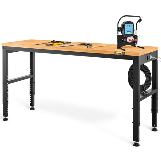 Workbench Adjustable height, 135 cm W x 46 cm D x 97 cm H Garage table with 72 – 97 cm heights &amp; 900 kg load capacity, with electrical outlet &amp; hardwood top &amp; metal frame &amp; foot cushions, for office home