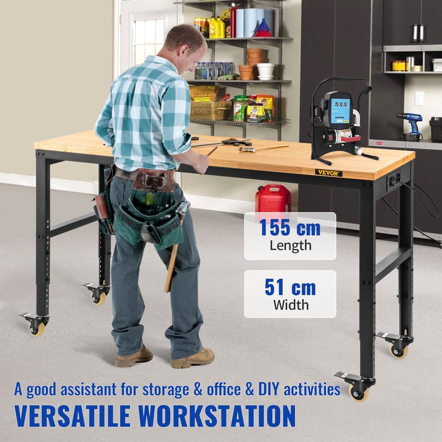 Workbench adjustable height, 155 x 51 cm garage table with 80 - 105 cm heights &amp; 720 kg capacity, with electrical outlet &amp; hardwood top &amp; metal frame &amp; swivel wheels, for office home workshop