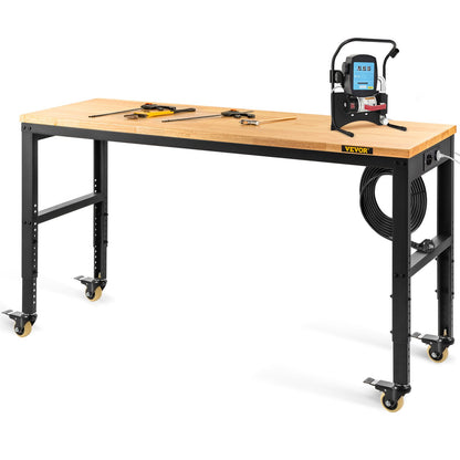 Workbench adjustable height, 155 x 51 cm garage table with 80 - 105 cm heights &amp; 720 kg capacity, with electrical outlet &amp; hardwood top &amp; metal frame &amp; swivel wheels, for office home workshop