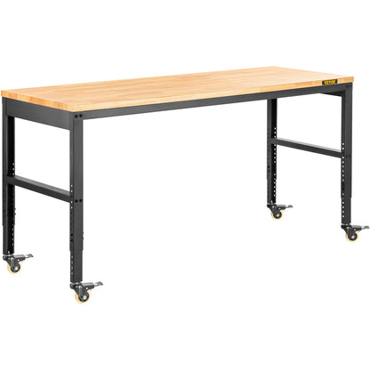 Workbench adjustable height, 155 x 51 cm garage table with 80 - 105 cm heights &amp; 720 kg capacity, with electrical outlet &amp; hardwood top &amp; metal frame &amp; swivel wheels, for office home workshop