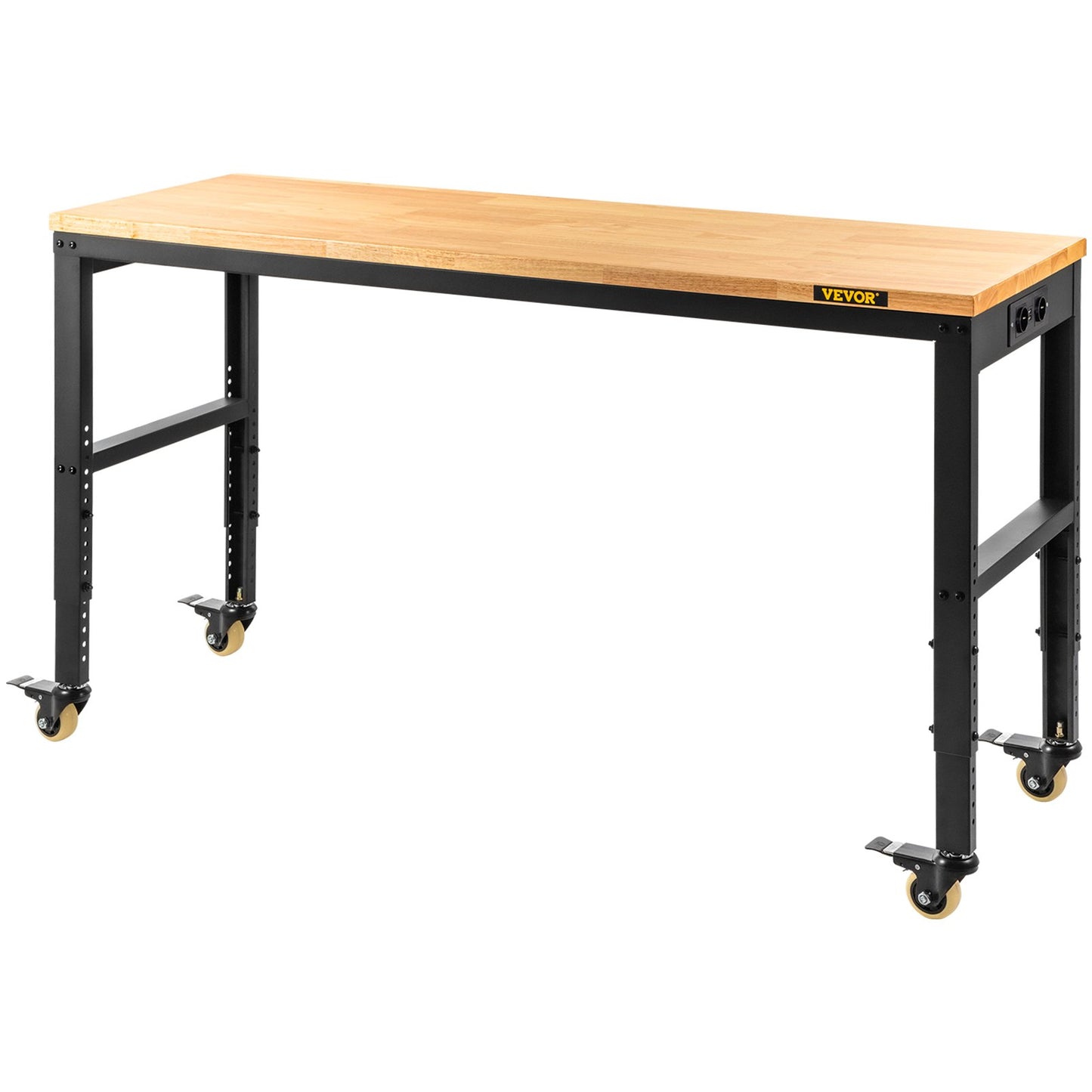 Workbench adjustable height, 155 x 51 cm garage table with 80 - 105 cm heights &amp; 720 kg capacity, with electrical outlet &amp; hardwood top &amp; metal frame &amp; swivel wheels, for office home workshop