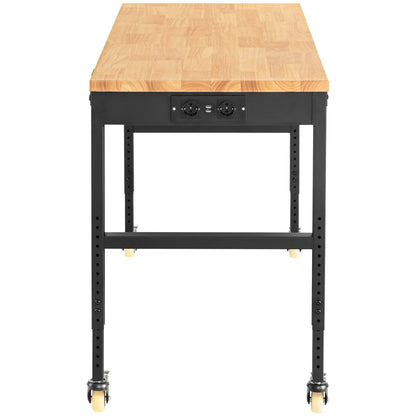 Workbench adjustable height, 155 x 51 cm garage table with 80 - 105 cm heights &amp; 720 kg capacity, with electrical outlet &amp; hardwood top &amp; metal frame &amp; swivel wheels, for office home workshop