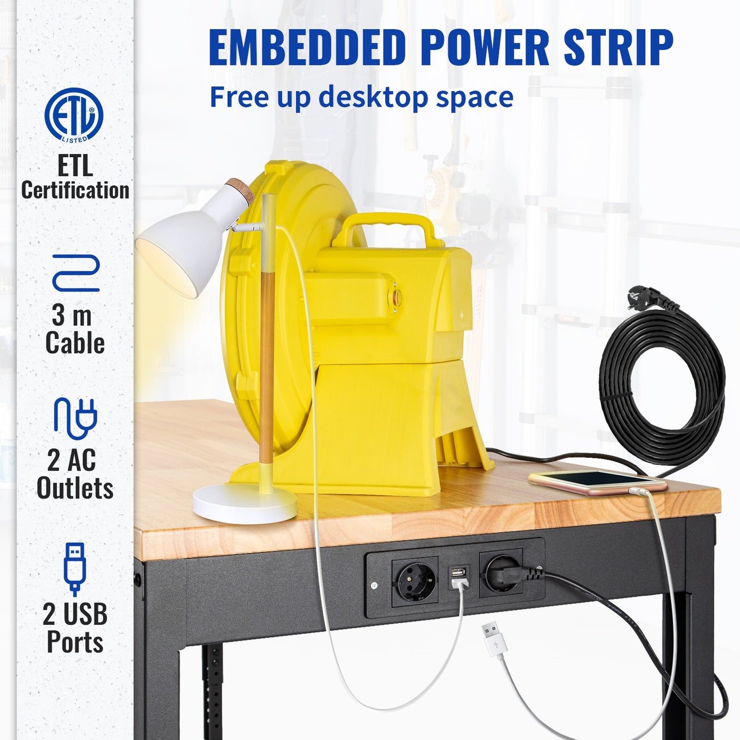 Workbench Adjustable height, 122 cm W x 51 cm D x 104 cm H Garage table with 79 – 104 cm heights &amp; 720 kg capacity, with electrical outlet &amp; hardwood top &amp; metal frame &amp; swivel wheels, for office home