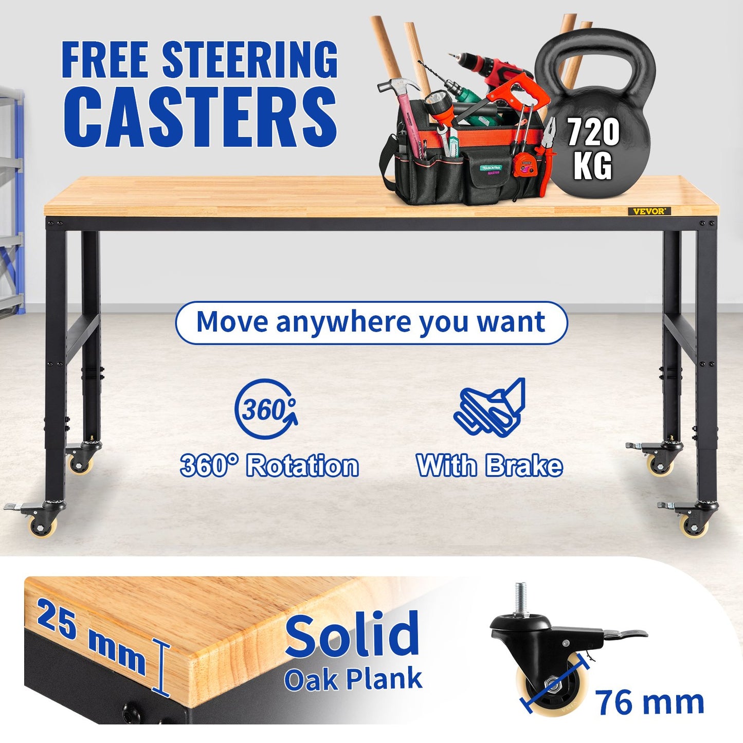 Workbench Adjustable height, 122 cm W x 51 cm D x 104 cm H Garage table with 79 – 104 cm heights &amp; 720 kg capacity, with electrical outlet &amp; hardwood top &amp; metal frame &amp; swivel wheels, for office home