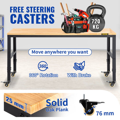 Workbench Adjustable height, 122 cm W x 51 cm D x 104 cm H Garage table with 79 – 104 cm heights &amp; 720 kg capacity, with electrical outlet &amp; hardwood top &amp; metal frame &amp; swivel wheels, for office home