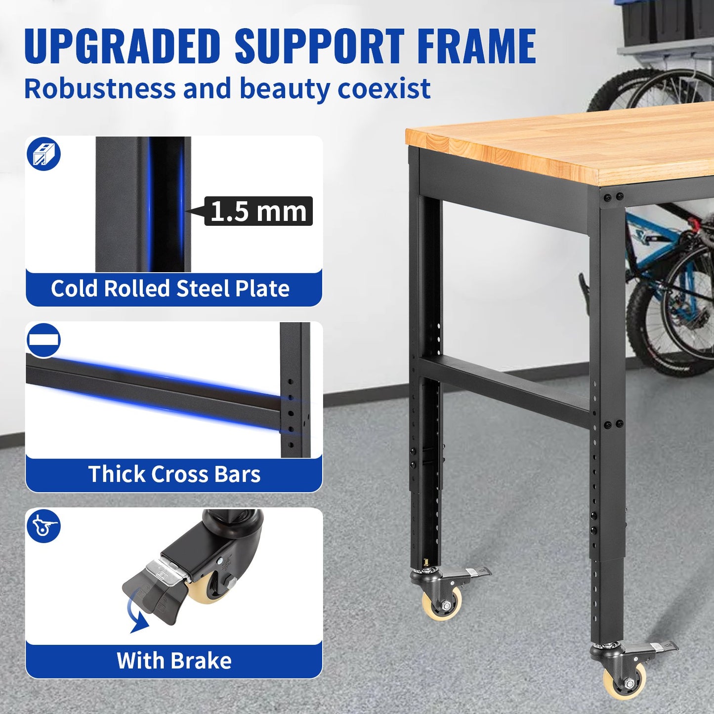 Workbench Adjustable height, 122 cm W x 51 cm D x 104 cm H Garage table with 79 – 104 cm heights &amp; 720 kg capacity, with electrical outlet &amp; hardwood top &amp; metal frame &amp; swivel wheels, for office home