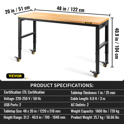 Workbench Adjustable height, 122 cm W x 51 cm D x 104 cm H Garage table with 79 – 104 cm heights &amp; 720 kg capacity, with electrical outlet &amp; hardwood top &amp; metal frame &amp; swivel wheels, for office home