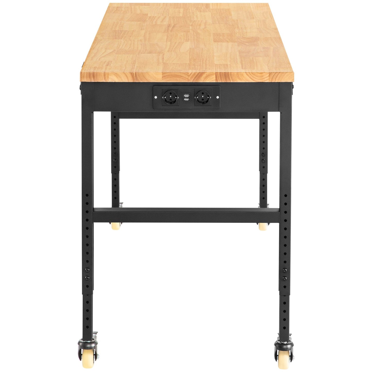 Workbench Adjustable height, 122 cm W x 51 cm D x 104 cm H Garage table with 79 – 104 cm heights &amp; 720 kg capacity, with electrical outlet &amp; hardwood top &amp; metal frame &amp; swivel wheels, for office home