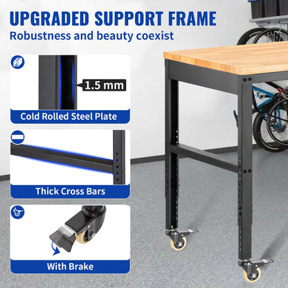 Workbench Adjustable height, 122 cm W x 61 cm D x 104 cm H Garage table with 79 – 104 cm heights &amp; 720 kg capacity, with electrical outlet &amp; hardwood top &amp; metal frame &amp; swivel wheels, for office home