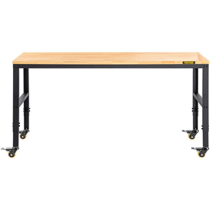 Workbench Adjustable height, 122 cm W x 61 cm D x 104 cm H Garage table with 79 – 104 cm heights &amp; 720 kg capacity, with electrical outlet &amp; hardwood top &amp; metal frame &amp; swivel wheels, for office home