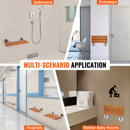 Folding Teak Shower Seat, 20.1" x 13.2" Unfolded, Wall Mounted Fold Up Shower Bench with 440 lbs Load Capacity, Space Saving Home Care Fold Down Shower Chair, for Seniors Pregnant Women Children