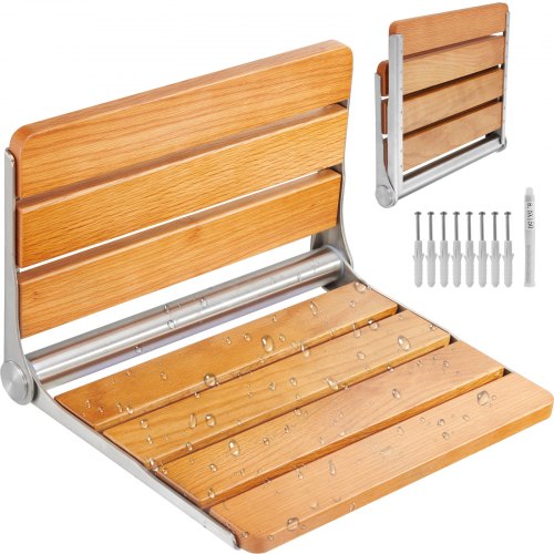 Folding Oak Shower Seat, 16.1" x 13.4" Unfolded, Wall Mounted Fold Up Shower Bench with 440 lbs Load Capacity, Space Saving Home Care Fold Down Shower Chair, for Seniors Pregnant Women Children