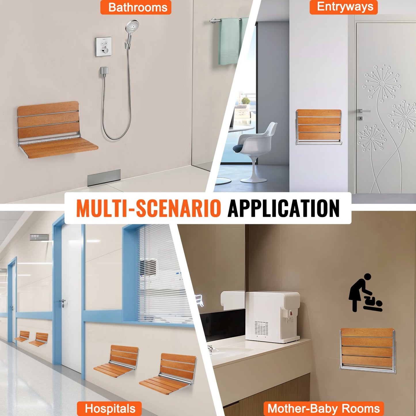 Klappbarer Duschsitz aus Teakholz, 53,3 x 40,6 cm, Wandmontage, Duschbank, 227 kg