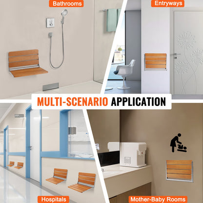 Klappbarer Duschsitz aus Teakholz, 53,3 x 40,6 cm, Wandmontage, Duschbank, 227 kg