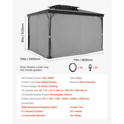 Gazebo Privacy Curtain 12' x 10' x 6.7' Waterproof Gazebo Curtains Gray | EU
