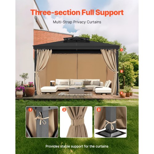 Gazebo Privacy Curtain 12' x 10' x 7.3' Waterproof Gazebo Curtains Khaki | EU