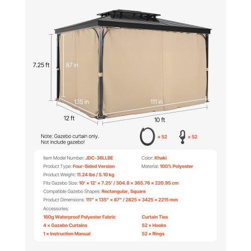 Gazebo Privacy Curtain 12' x 10' x 7.3' Waterproof Gazebo Curtains Khaki | EU