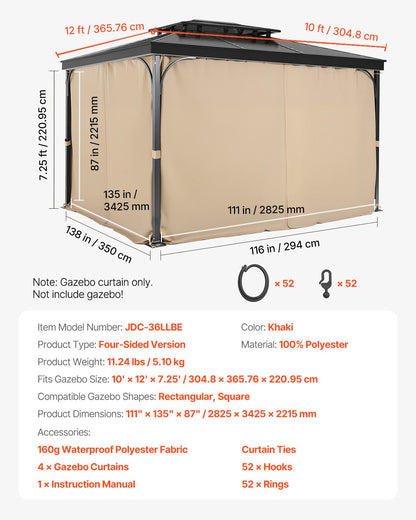 Gazebo Curtains Outdoor, 12' x 10' x 7.3' Gazebos, 4-Panel Sidewall Gazebo Privacy Curtains with Zippers, Outdoor Curtain Replacement for Patio Canopy, Only Curtain, Khaki