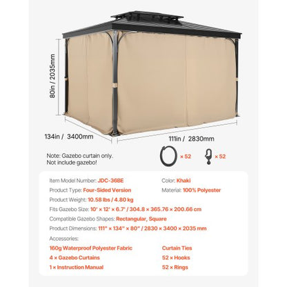 Gazebo Privacy Curtain 12' x 10' x 6.7' Waterproof Gazebo Curtains Khaki | EU